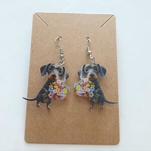 Fashion Jewelry Dachshund Earrings with Colorful Flowers
